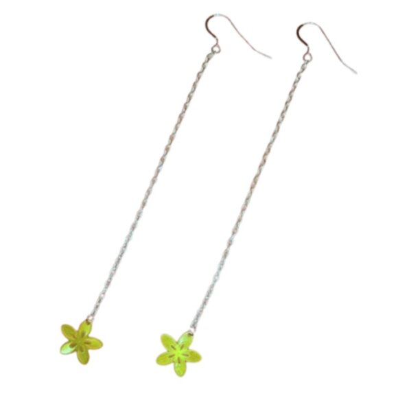 Handmade Long Chain Lime Green Flower Earrings Solid 925 Sterling Silver Hooks - Picture 1 of 6
